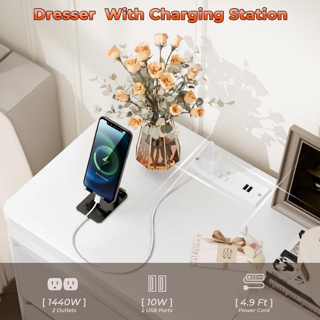 Loomie Upgraded 6 Drawer White Dresser for Bedroom, 47.2" Long Chest of Drawers with Charging Station & LED Lights, Wooden Storage Cabinet Dresser for Closet,Modern TV Stand with Deep Drawers