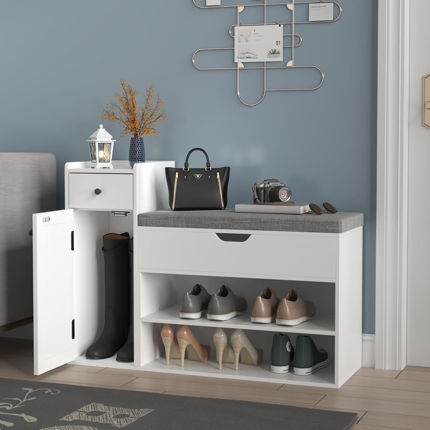 Loomie Shoe Storage Bench, 2-Tier Farmhouse Entryway Bench with Lift Top Storage Box, Drawer & Soft Removable Seat Cushion, Silm Shoe Rack with Shoe Cabinet for Entryway, Hallway, Bedroom, White