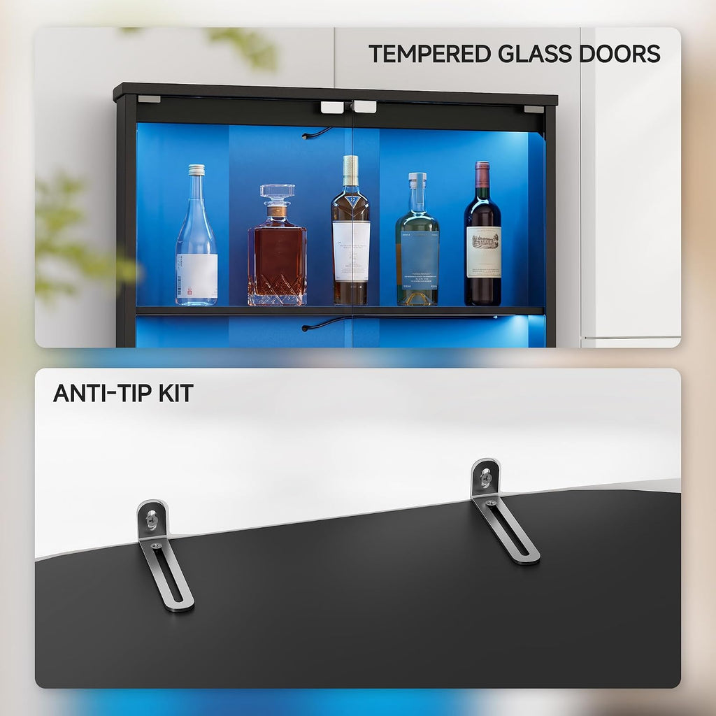 Corner Wine Bar Cabinet w/7 Color LED Lights & Human Body Sensor, 4-Tier Tall Home Liquor Coffee Bar Cabinet with Tempered Glass Doors,Curved Profile Design, Alcohol Cabinet Storage for Living Room