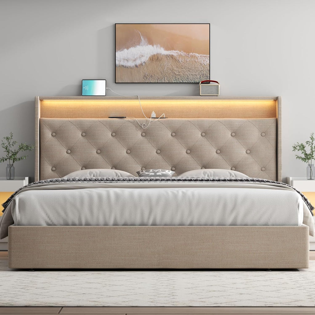 Queen Lift Up Storage Bed Frame w/Charging Station & LED Lights,Beige
