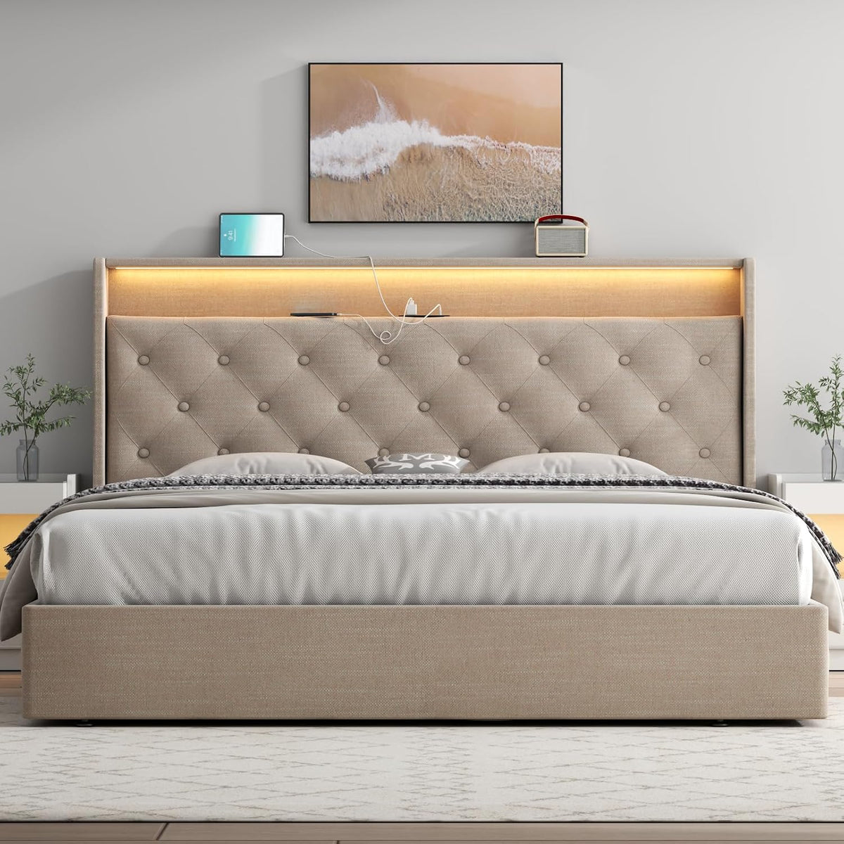 Queen Lift Up Storage Bed Frame w/Charging Station & LED Lights,Beige