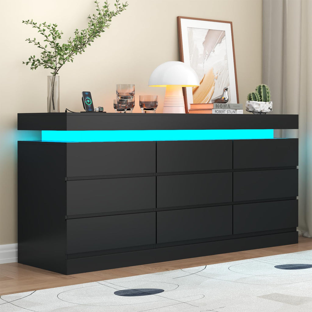Gyfimoie 9 Drawer Dresser with Power Outlet, Dresser with LED Light, Modern Chest of Drawers for Closet, Double Wide Drawer Organizer Cabinet for Bedroom, Living Room (White, 9 Drawers)