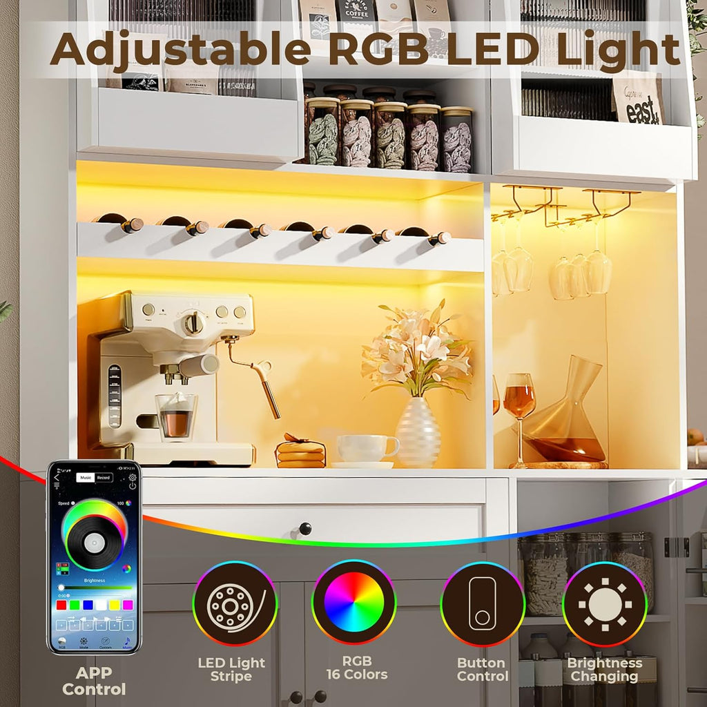 71" Tall Kitchen Pantry Storage Cabinet with 2 Sliding Doors & Outlet,Modern Kitchen Hutch Cabinet with LED Light & Drawers,Wood Food Pantry with Wine Rack & Glass Holder,Cupboard for Dining Room