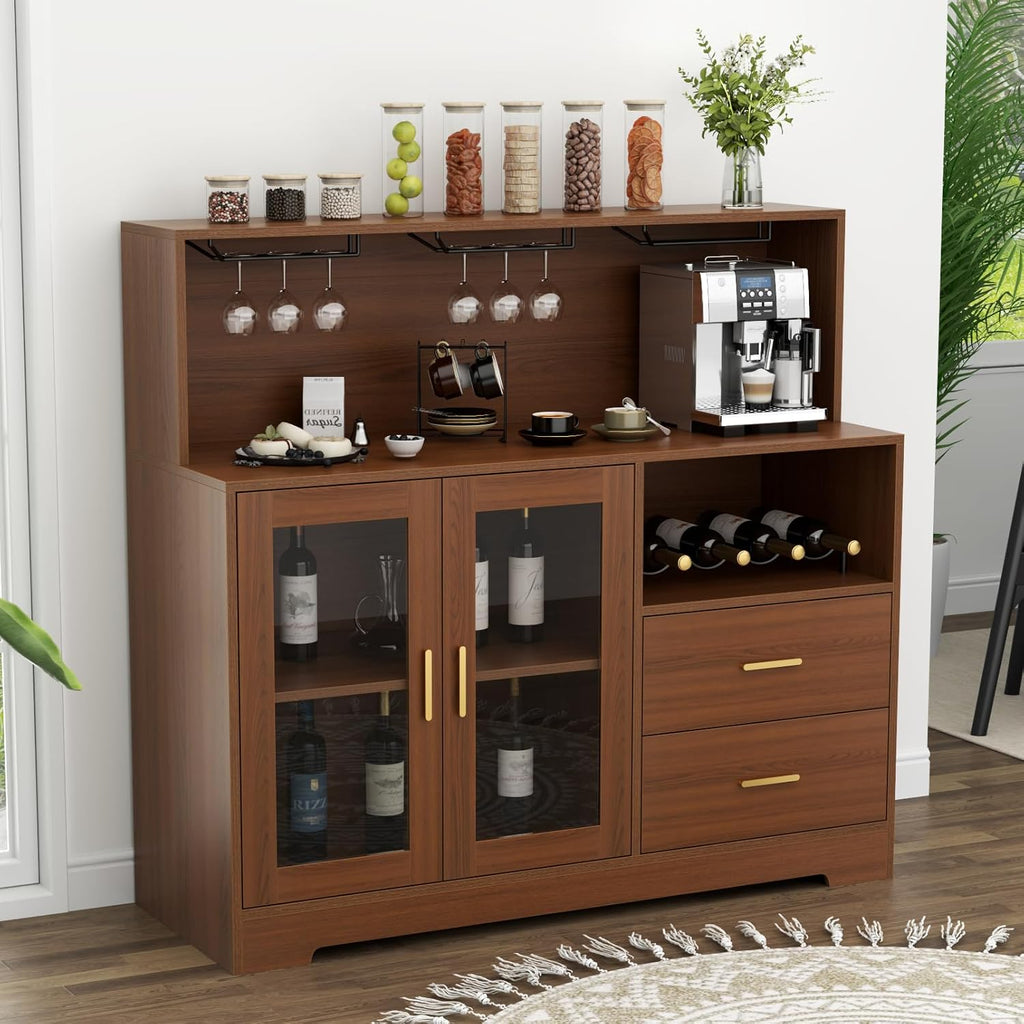 Auromie Wine Bar Cabinet with LED Light, Home Coffee Cabinet with Wine and Glass Rack, Kitchen Buffet Sideboard with Storage Cabinet&Drawers, Modern Liquor Cabinet for Living Room Dining Room (Brown)
