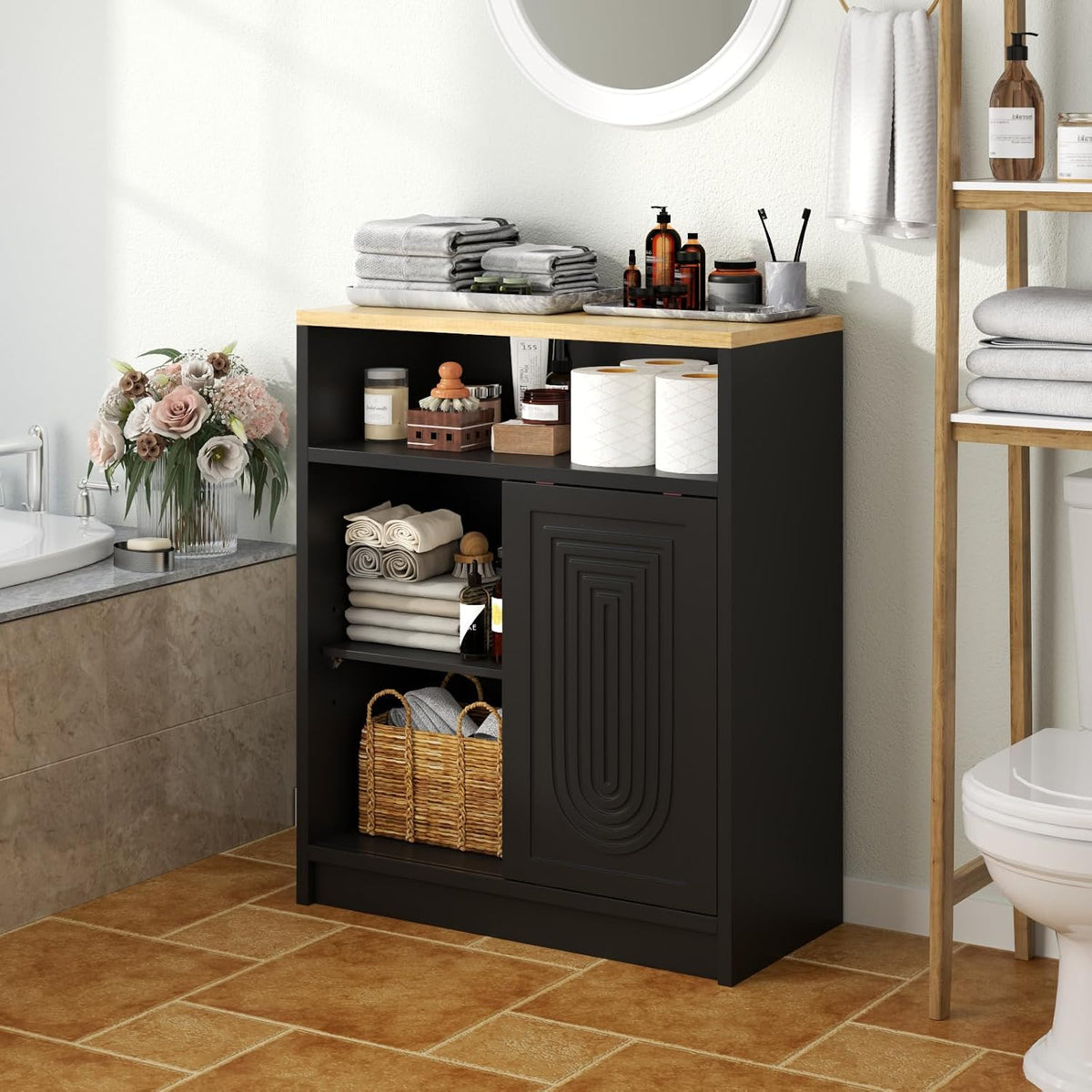 Freestanding Bathroom Storage Cabinet with 3 Drawers & Sliding Door, Black