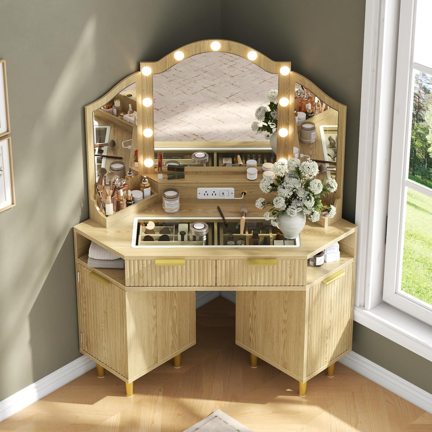 Corner Vanity Desk with 3-Color Dimmable LED Mirror, Heavy-Duty Makeup Vanity w/ Power Outlets & USB Charging, Premium Corner Makeup Table w/ Fluted Drawers & Storage Cabinet for Bedroom, Natural Oak
