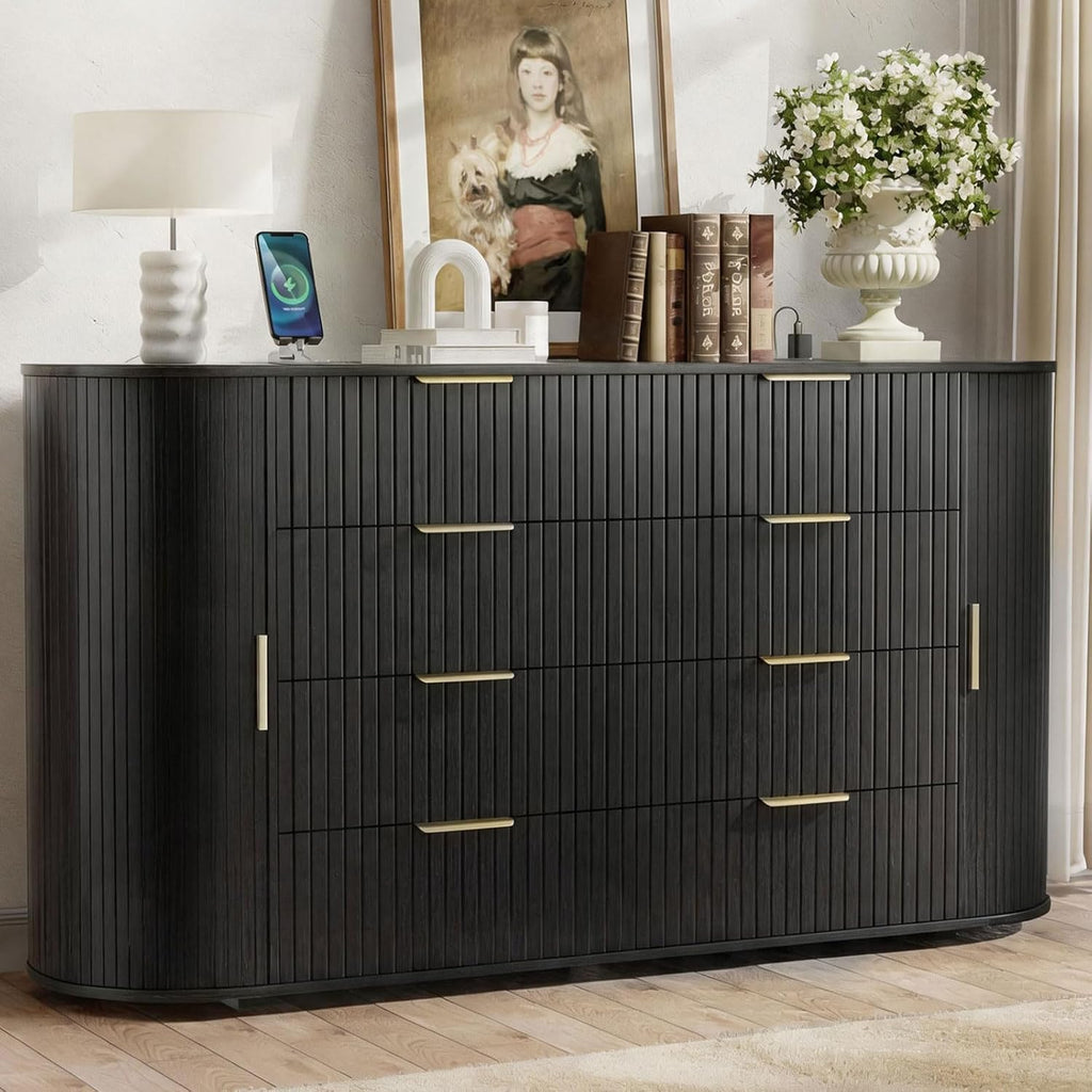 Loomie Fluted 8 Drawers Dresser for Bedroom, 55.12" Wide Dressers & Chest of Drawers w/2 Sliding Doors & Charging Station,Curved Profile Design,Wooden Closet Storage Cabinet,Modern Dresser TV Stand