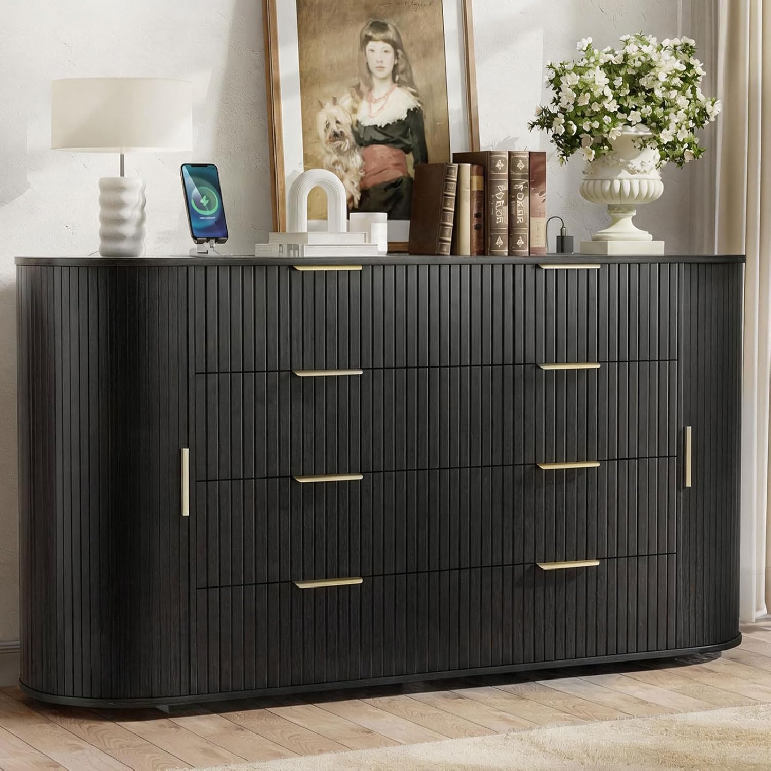 Loomie Fluted 8 Drawers Dresser for Bedroom, 55.12" Wide Dressers & Chest of Drawers w/2 Sliding Doors & Charging Station,Curved Profile Design,Wooden Closet Storage Cabinet,Modern Dresser TV Stand