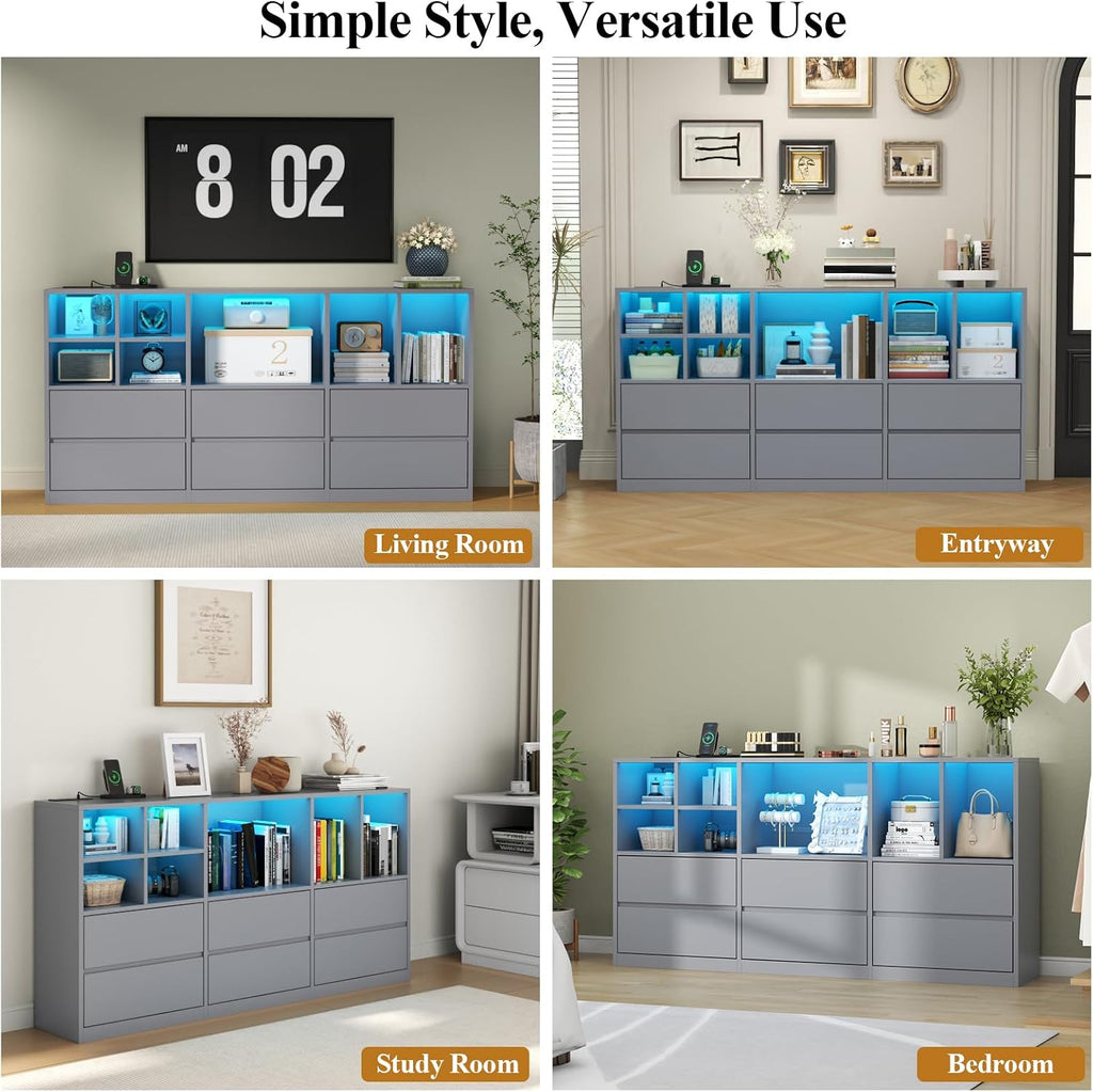 Grey Dresser for Bedroom, 63” Chest of Drawers with Charging Station