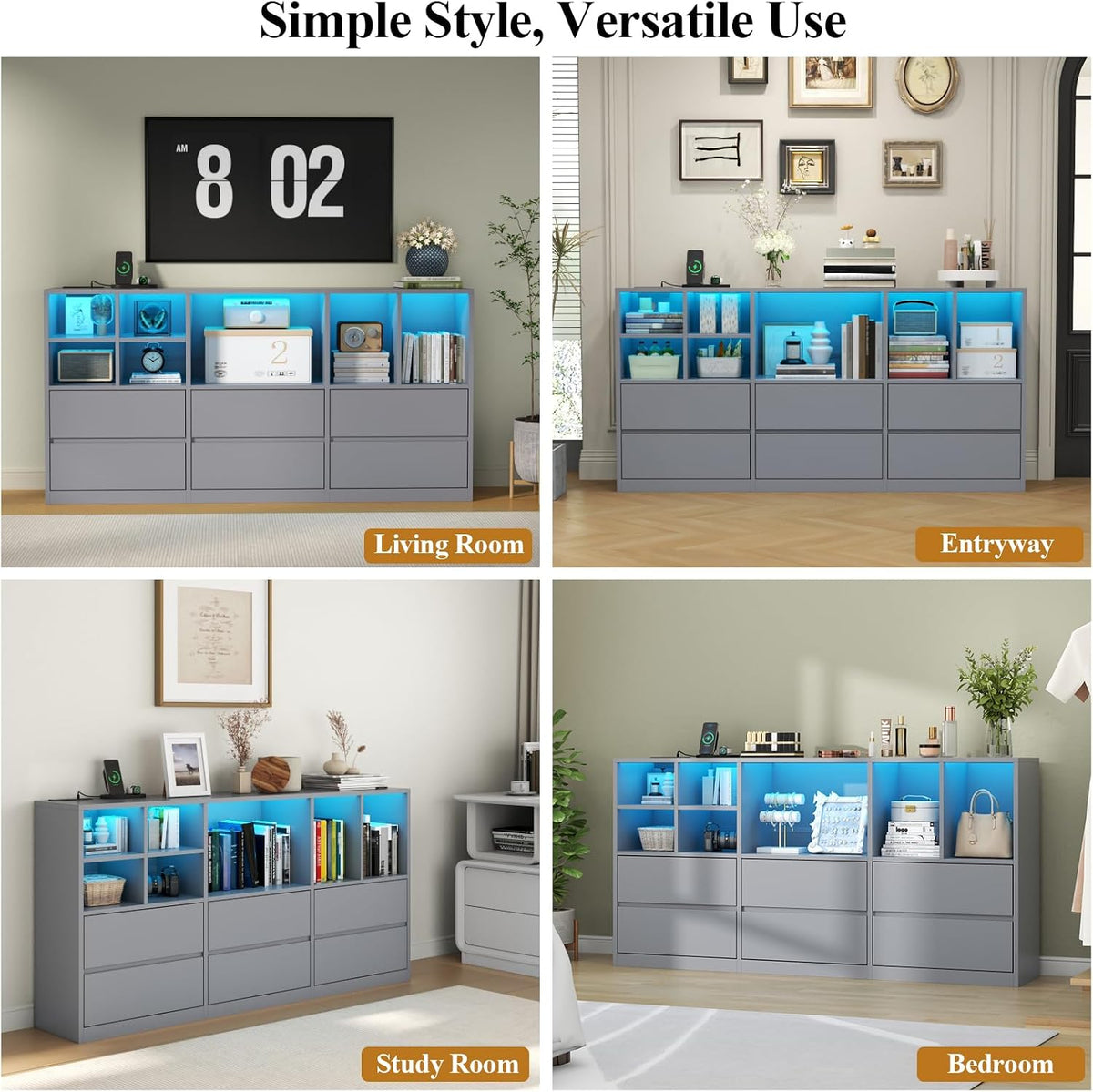 Grey Dresser for Bedroom, 63” Chest of Drawers with Charging Station