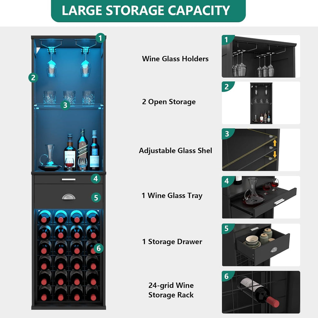 Loomie Wine Bar Cabinet with LED Lights, 65'' Tall Coffee Bar with 24 Wine Rack & Glass Holder, Freestanding Liquor Cabinet with Tray & Drawer & Adjustable Shelf (Black)