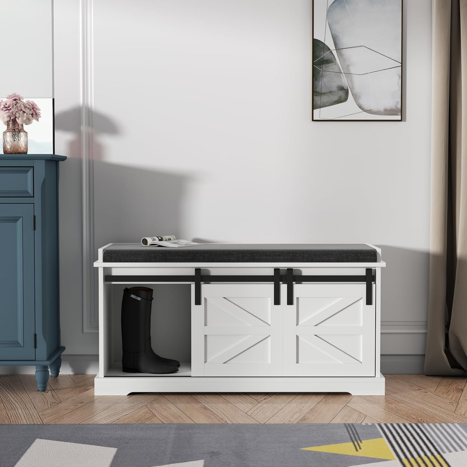 Loomie Shoe Storage Bench, 2-Tier Farmhouse Entryway Bench with Sliding Barn Door Storage Cabinets & Full Soft Removable Seat Cushion, Silm Shoe Rack with Shoe Cabinet for Entryway, Hallway, Bedroom