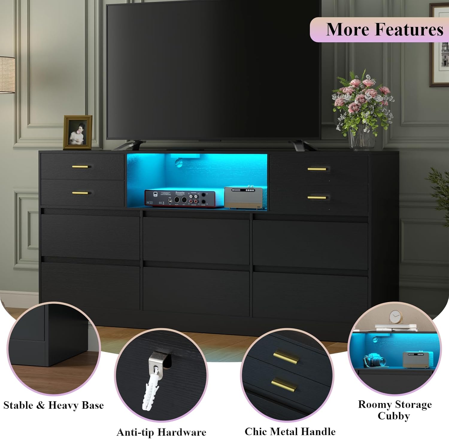 Loomie Upgraded 10 Drawer Black Dresser with Charging Station & Led Li Loomie Upgraded 10 Drawer Black Dresser with Charging Station & Led Li