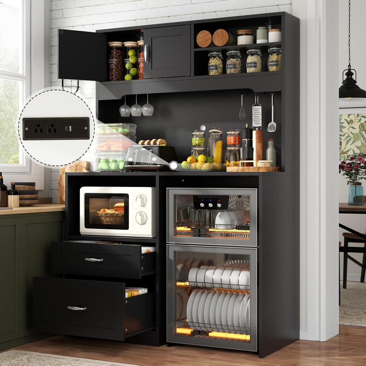 Kitchen Pantry Cabinet with Power, Kitchen Hutch with Fridge Space & Drawer