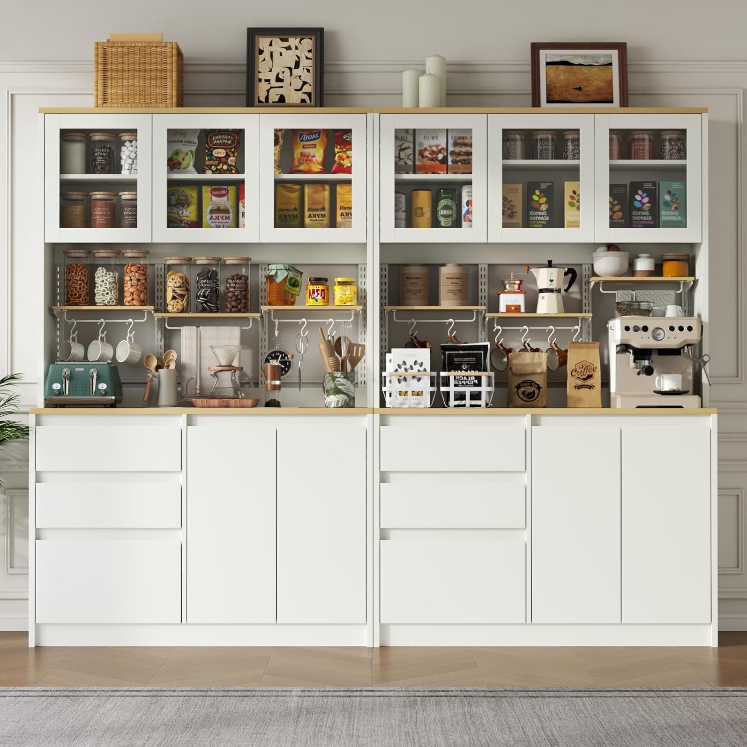 Loomie 71" Tall Kitchen Pantry Storage Cabinet, Large Kitchen Hutch with Glass Doors & 3 Drawers, Freestanding Buffet Cabinet with Adjustable Shelves, Food Pantry for Dining Room, White (White)