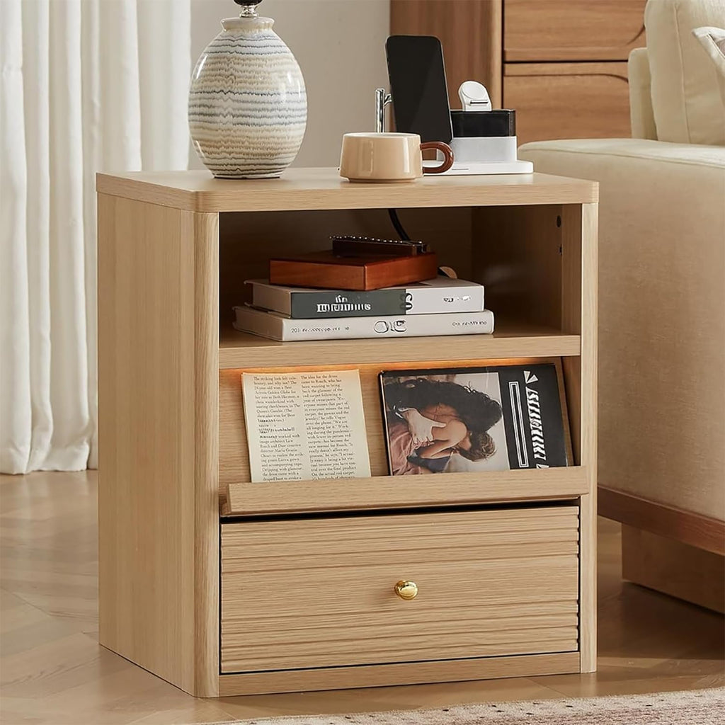 Gyfimoie Nightstand with Charging Station, End Table wiht LED Lights, Bedside Table with 2 Drawer, Night Stand with Open Shelf, Bedside Table for Bedroom
