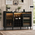 Coffee Bar Cabinet with Open Compartment, Kitchen Coffee Station with Power Outlets & LED Light, Modern Coffee Bar Table with Storage Cabinet, Coffee Bar Furniture for Kitchen, Living Room, Black