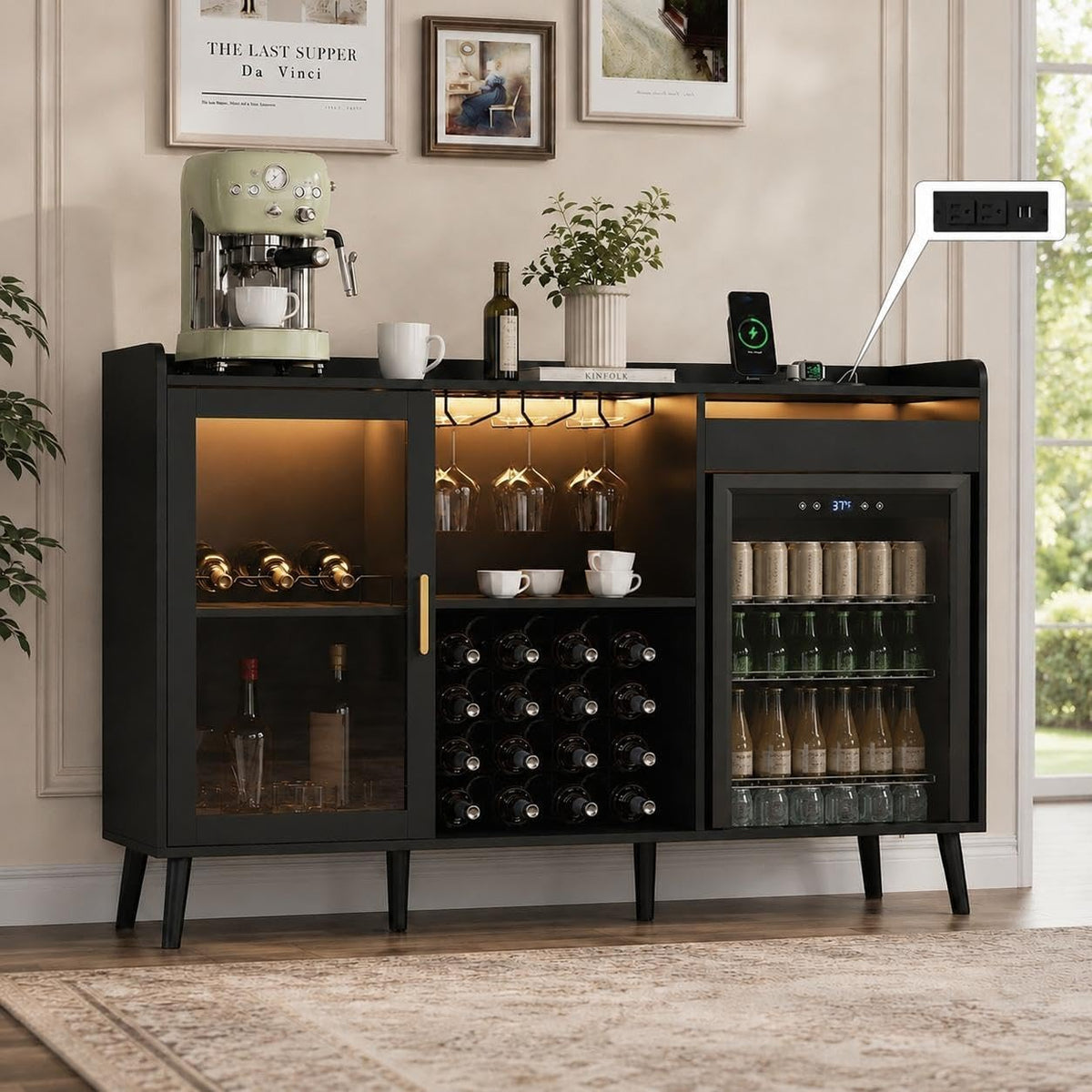 Coffee Bar Cabinet with Open Compartment, Kitchen Coffee Station with Power Outlets & LED Light, Modern Coffee Bar Table with Storage Cabinet, Coffee Bar Furniture for Kitchen, Living Room, Black