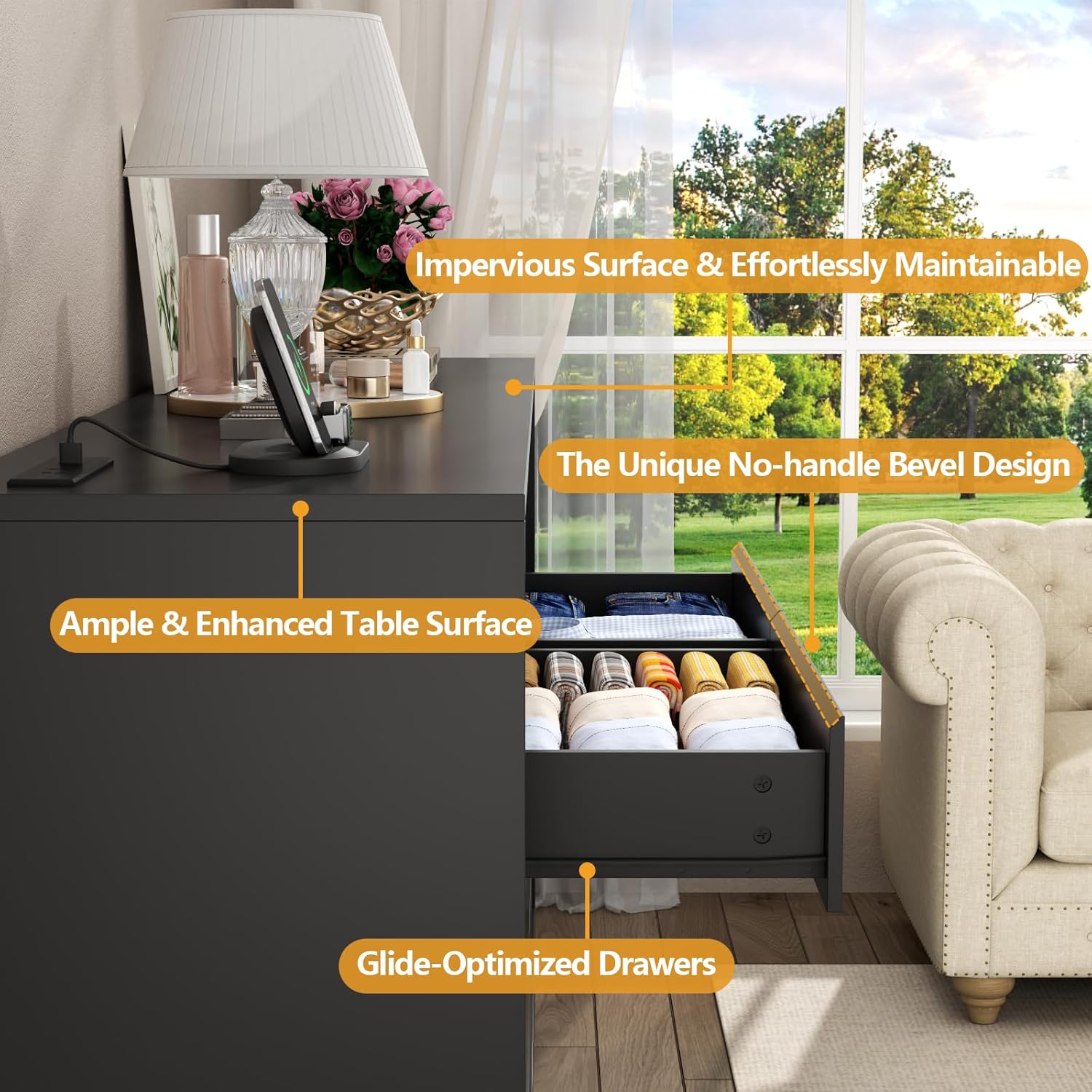 Loomie 6 Drawers Dresser with 6 Open Storage Cubbies, LED Dressers & Chests of Drawers with Power Outlet, 55" Wide Long Dresser for Bedroom, Modern TV Stand with Open Shelf (Black)