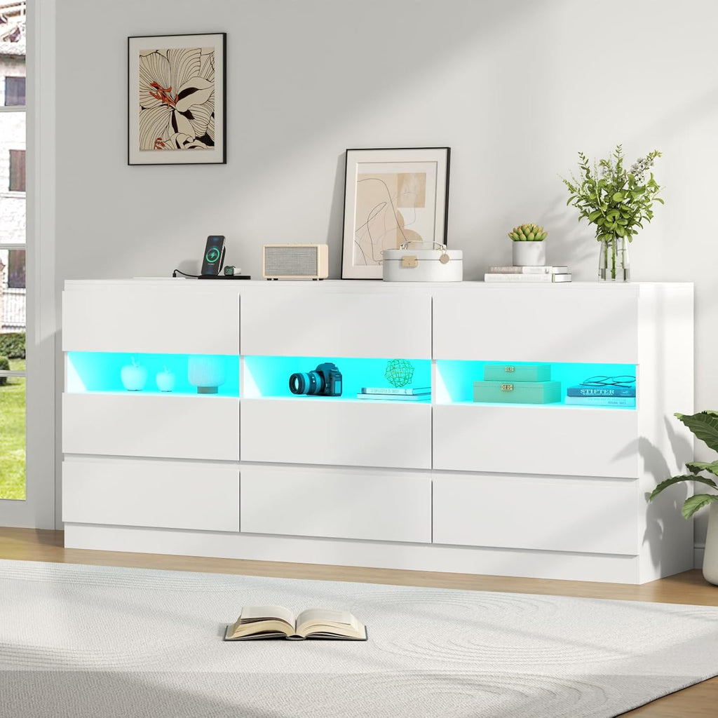 Loomie 9 Drawer Triple Dresser with Charging Station & Led Lights for Bedroom,Long 63" White Dresser TV Stand for TVs up to 75",Wide Large Drawer Dressers Organizer with 3 Open Cubbies for Hallway