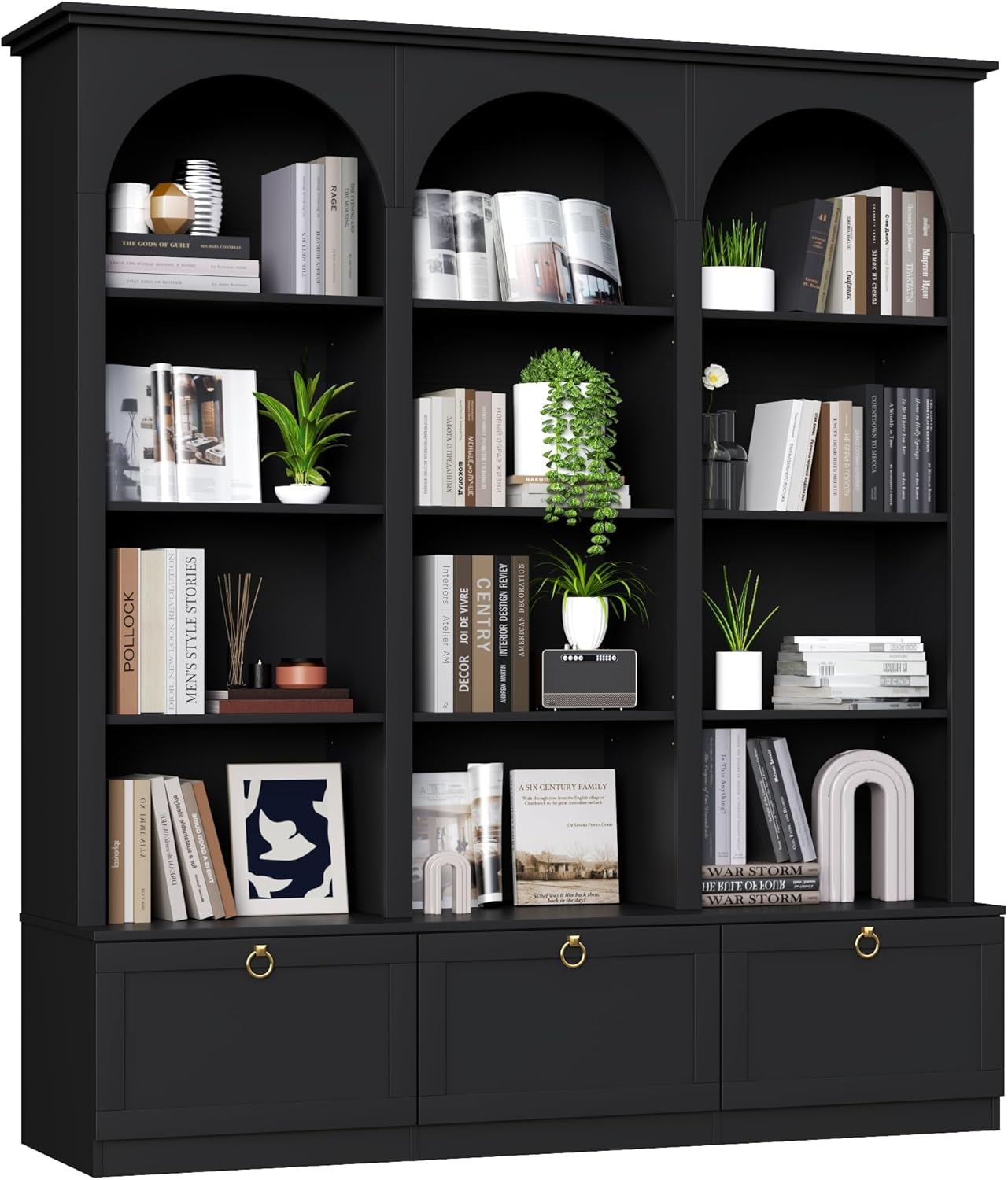 71" Triple Bookshelf with Doors, 5 Tier Tall Bookshelf with Cabinet , Large Book Shelf w/ 12 Adjustable Open Display Shelves & Anti-Tipping, 63" Wide Arched Bookcase for Living Room, Study, Black