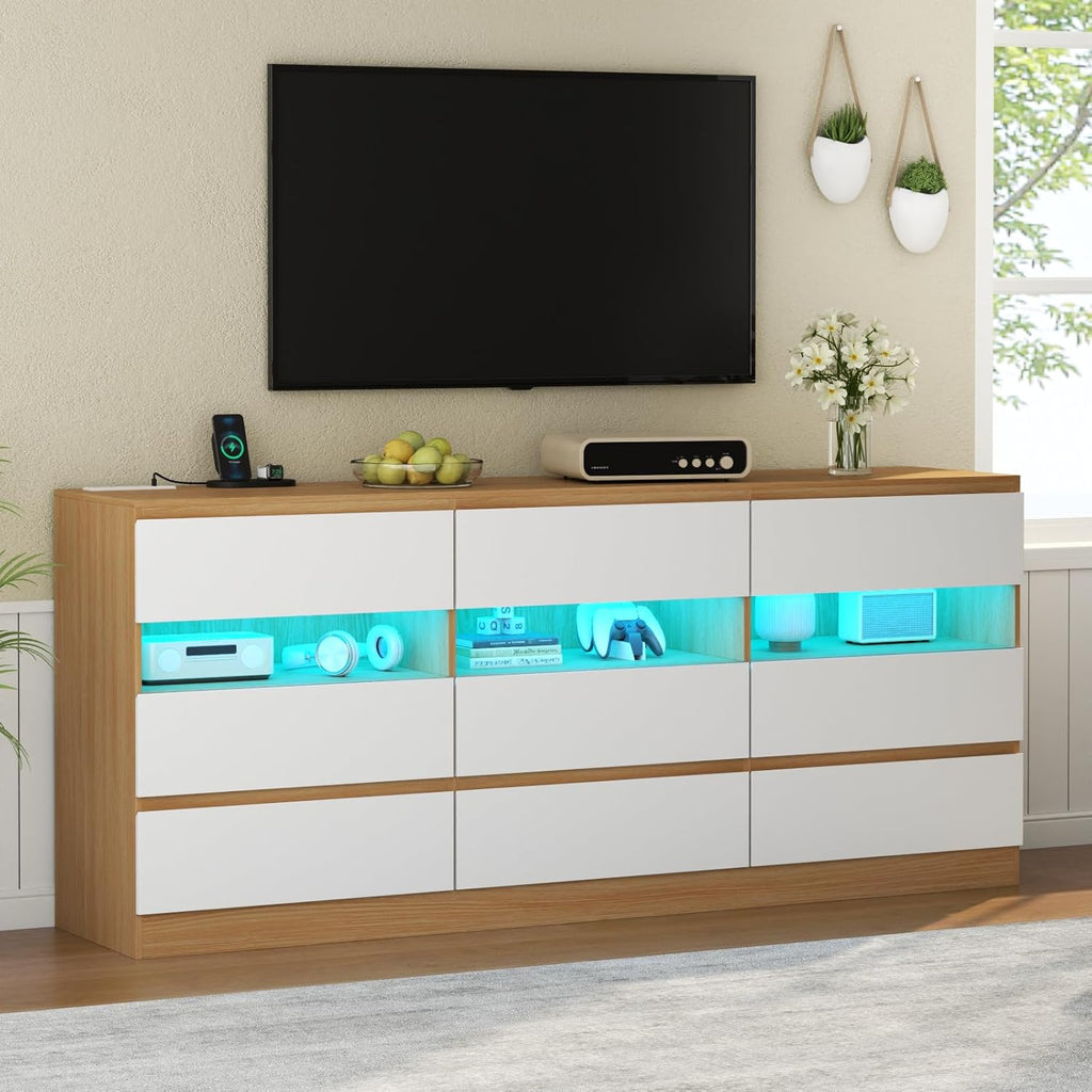 Loomie 63" Wide 9-Drawer Dresser with Charging Station & LED Lights, TV Stand for TVs up to 75", Deep Storage with 3 Cubbies,Wooden Dressers & Chest of Drawers, Modern Long Dressers for Closet,Hallway