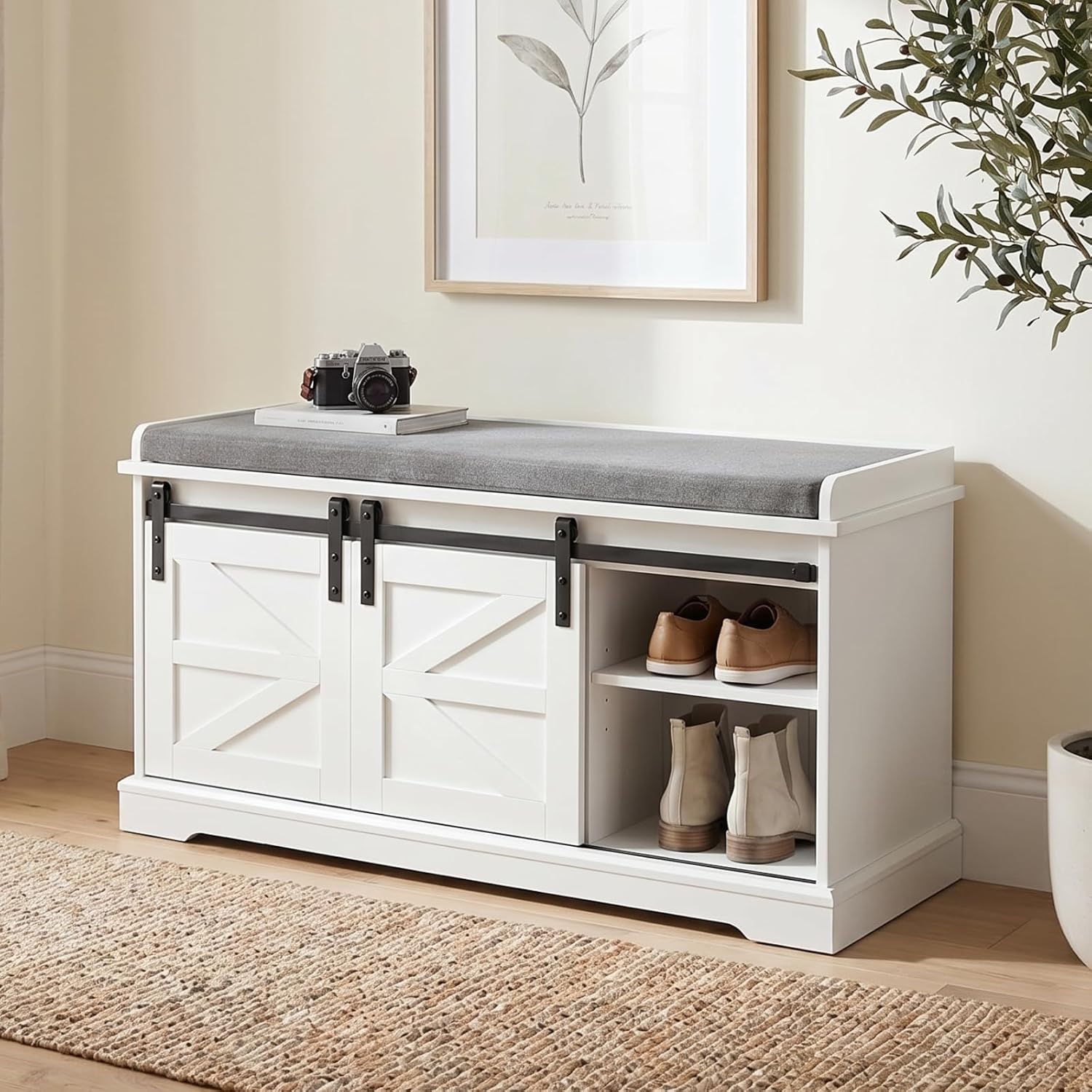 Loomie Shoe Storage Bench, 2-Tier Farmhouse Entryway Bench with Sliding Barn Door Storage Cabinets & Full Soft Removable Seat Cushion, Silm Shoe Rack with Shoe Cabinet for Entryway, Hallway, Bedroom