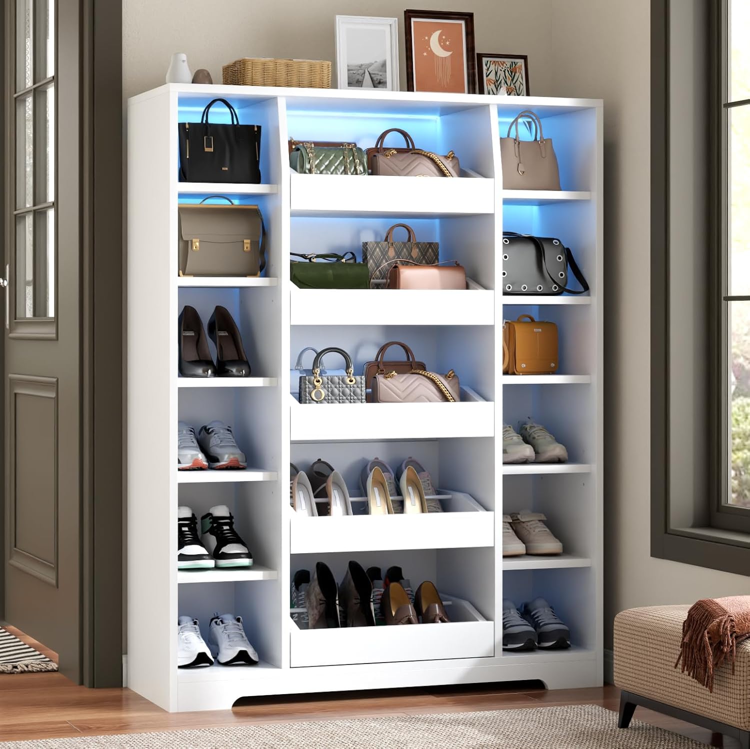 Auromie Shoe Storage Cabinet with 5 Drawers & 12 Shelves, Modern LED Shoe Rack & Handbag Storage Cabinet, Freestanding Shoes and Handbag Storage Organizer for Closet, Entryway, Living Room (White)