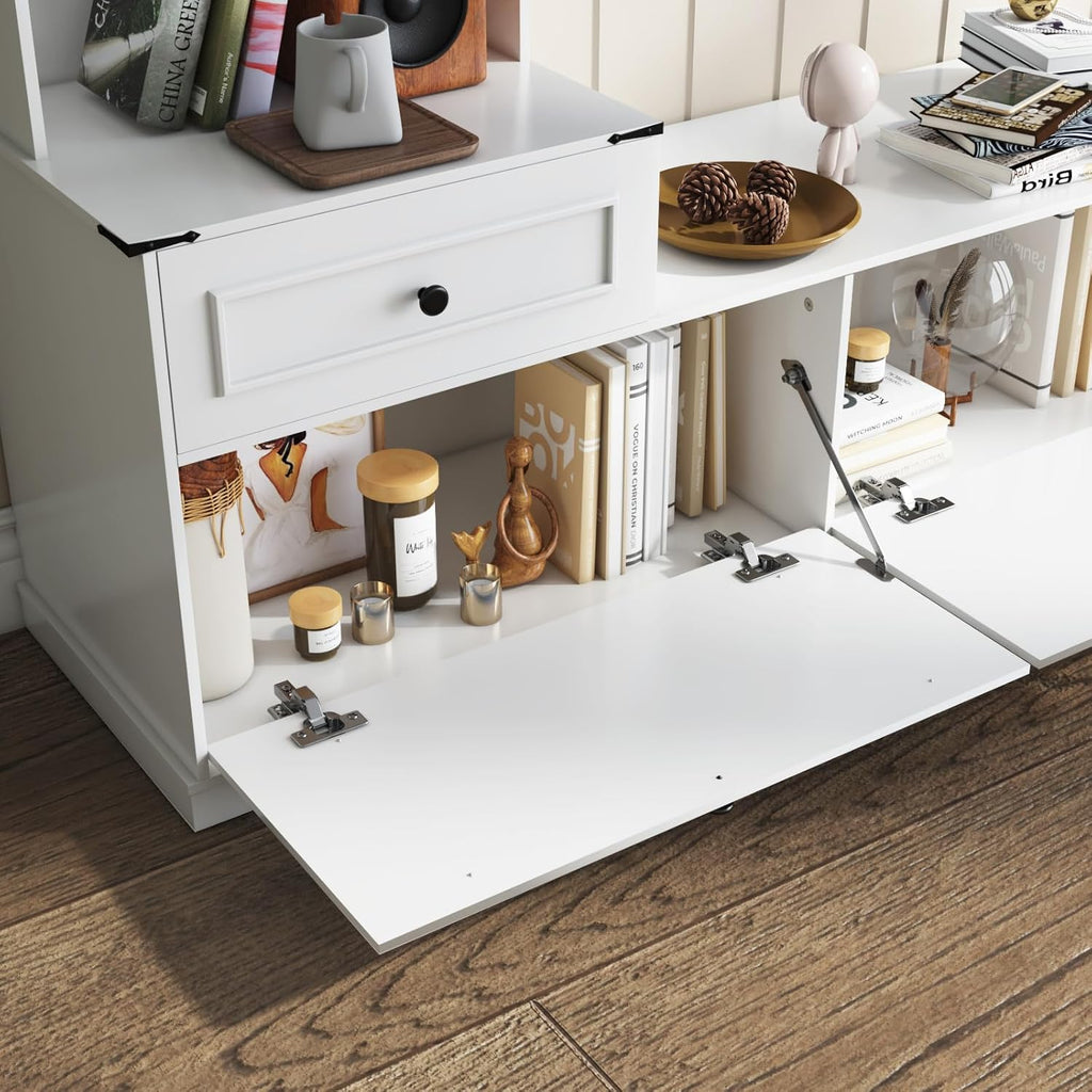 Loomie 104" W Wall Unit TV Stand with Storage for TVs up to 80", Large Farmhouse Wall Unit Entertainment Center with Bridge & Bookshelves, Tall TV Console Table Media Center for Living Room (White)