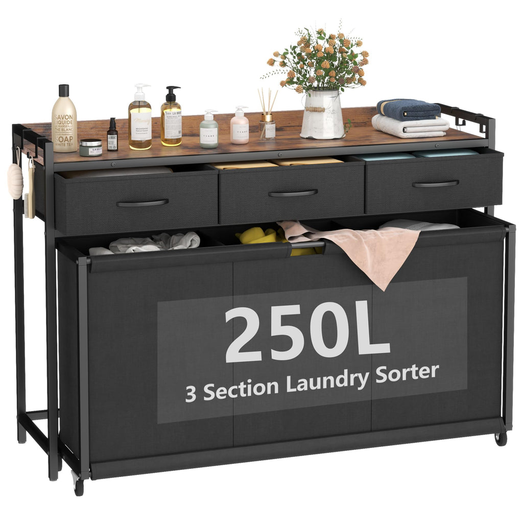 STIKELY Laundry Hamper Laundry Basket with 3 Section Pull-Out Rolling Bags, Laundry Sorter for Organization and Storage with 2 Pull-Out Drawers for Laundry Room, Bathroom, Bedroom Use (Black)