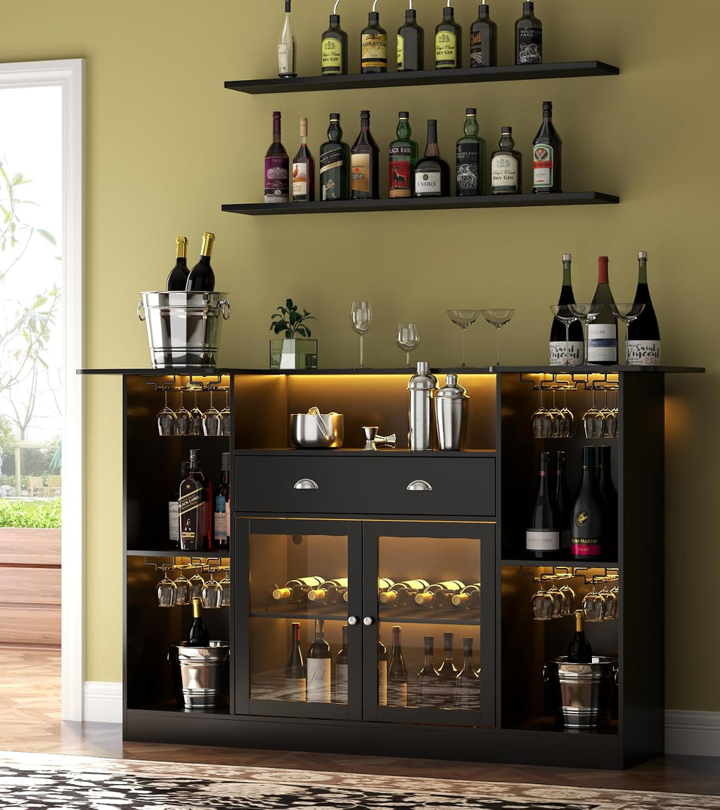 Loomie Bar Table Cabinet with LED & Drawer, Mini Liquor Bar with 8-Tier Storage & Stemware Holder, Wine Alcohol Bar Stand with Glass Door & Adjustable Wine Rack, Crescent Shaped Counter for Home Pub