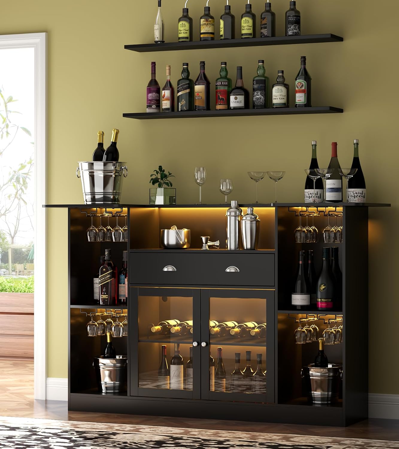 Loomie Bar Table Cabinet with LED & Drawer, Mini Liquor Bar with 8-Tier Storage & Stemware Holder, Wine Alcohol Bar Stand with Glass Door & Adjustable Wine Rack, Crescent Shaped Counter for Home Pub