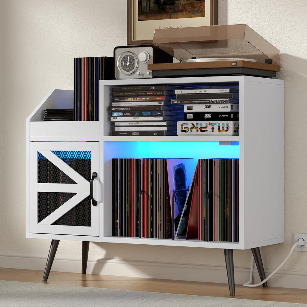 Large White Record Player Stand with Magnetic Door,350 Vinyl Record Storage Cabinet, Record Player Table with Power Outlet and LED Light,Turntable Stand with Wood Legs for Living Room