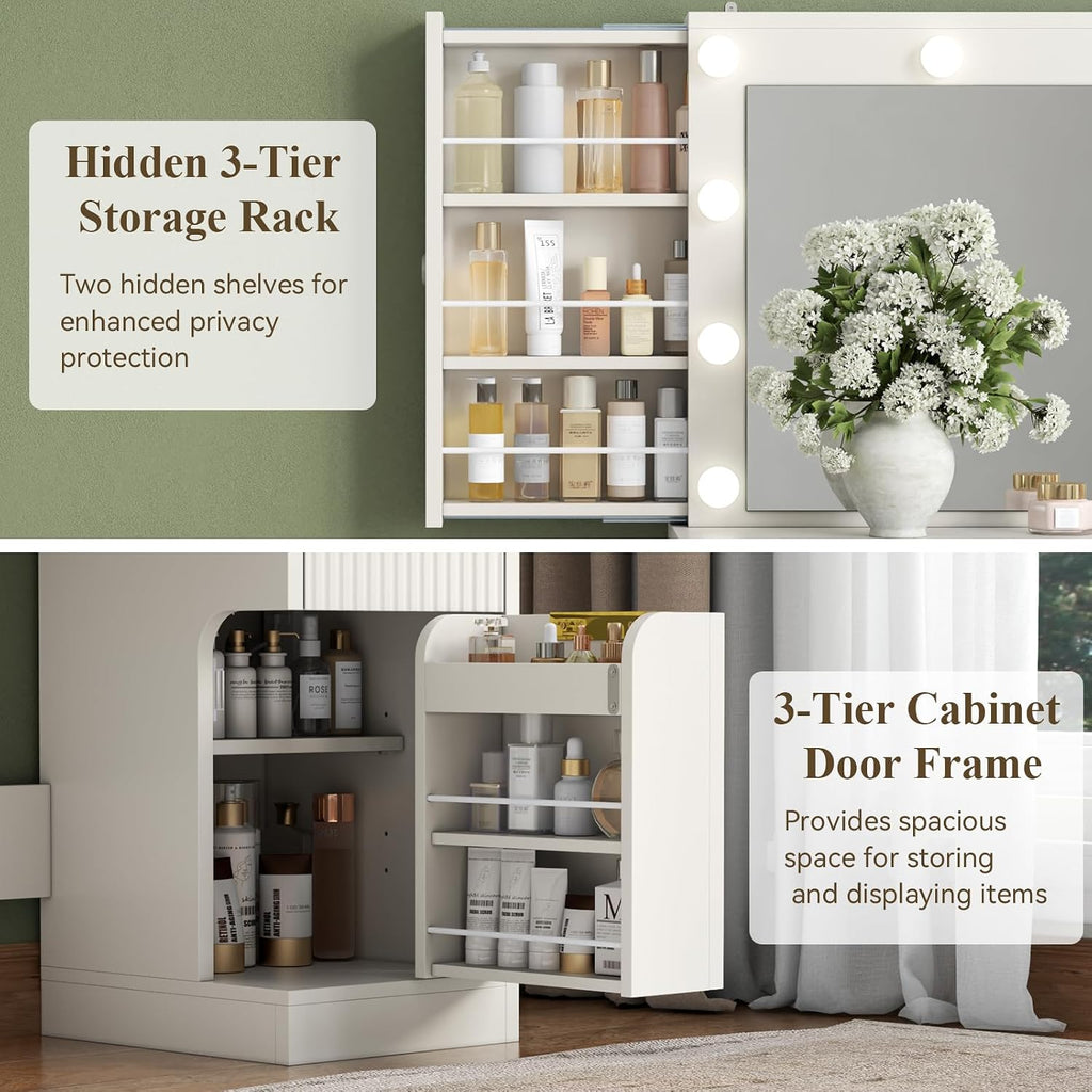Big Fluted white Vanity Desk with 36" Mirror,11 LED Lights & Power Outlet,Large Wood Makeup Vanity Table with 2 Hidden Storage Shelf, Modern Dressing Table w/5 Drawers and 2 Cabinets for Bedroom
