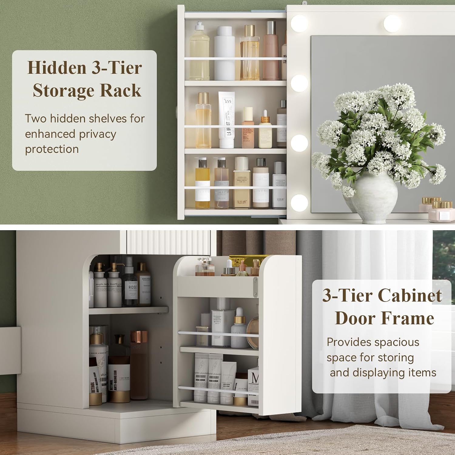 Big Fluted white Vanity Desk with 36" Mirror,11 LED Lights & Power Outlet,Large Wood Makeup Vanity Table with 2 Hidden Storage Shelf, Modern Dressing Table w/5 Drawers and 2 Cabinets for Bedroom