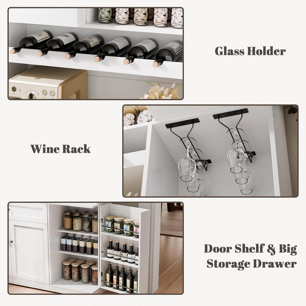 71" Tall Kitchen Pantry Storage Cabinet with 2 Sliding Doors & Outlet,Modern Kitchen Hutch Cabinet with LED Light & Drawers,Wood Food Pantry with Wine Rack & Glass Holder,Cupboard for Dining Room