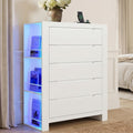 White 5 Drawers Dresser for Bedroom,Tall Modern Dressers & Chest of Drawers w/ Charging Station & LED Lights,Wood Vertical Dresser w/2 Side Storage Racks,Closet Organizer Cabinet for Living Room