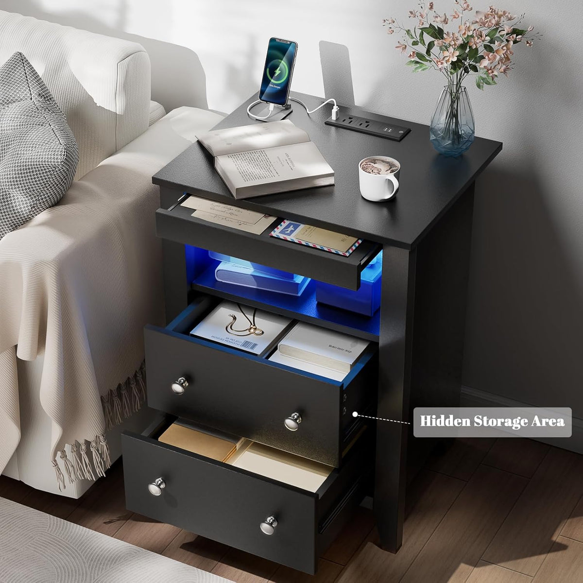 Nightstand w/Gun Drawer, Black Night Stand w/Charging Station & LED Lights