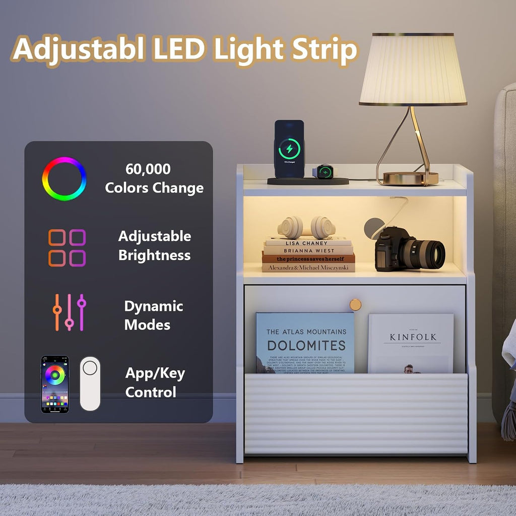 Fluted Nightstand with Charging Station, Modern Bedside Table with LED Lights & Drawers, End Table with Open Compartment for Bedroom, White