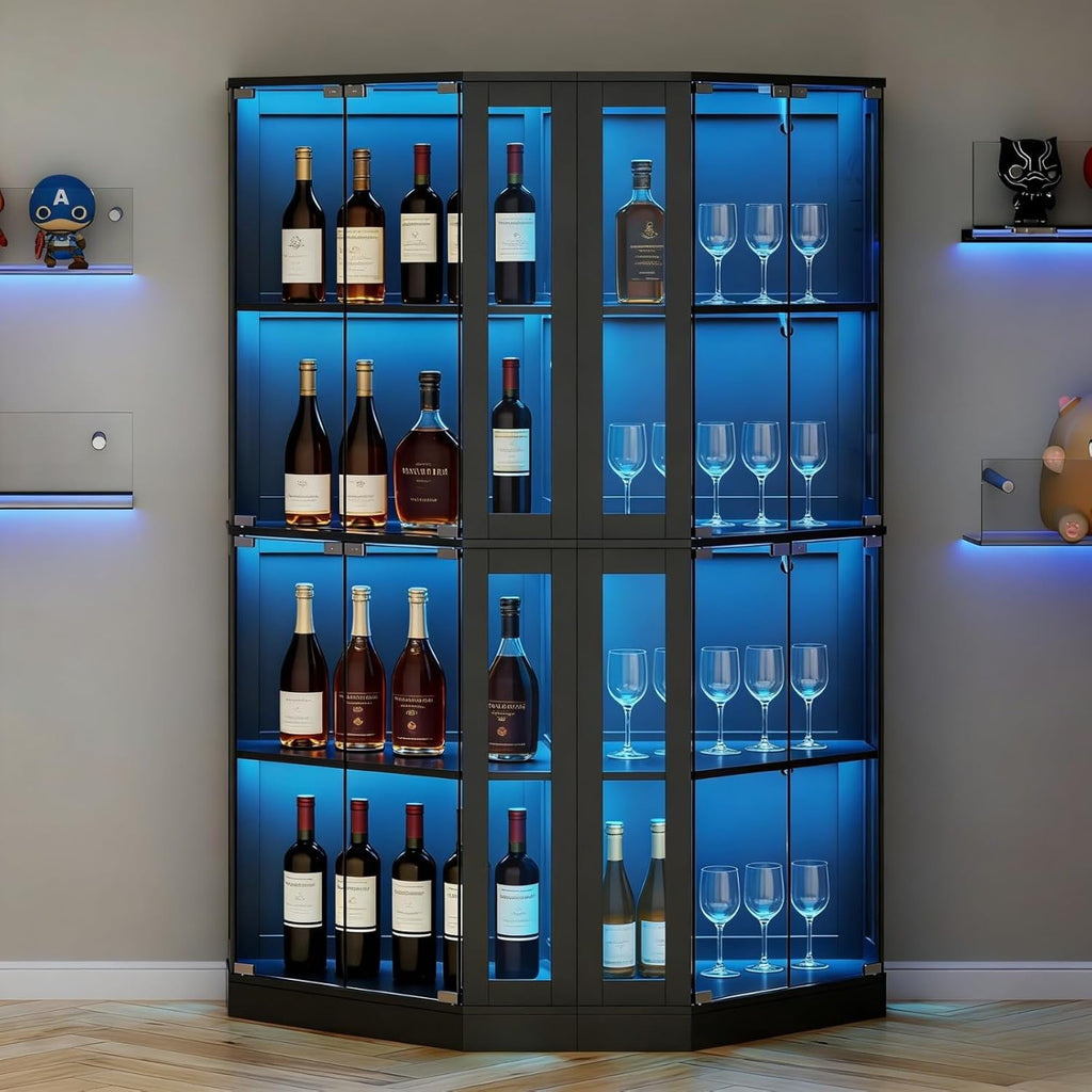 Gyfimoie Corner Wine Bar Cabinet with LED Lights,65" Tall Modern Liquor Cabinet with Tempered Glass Door,4-Tier Home Bar Liquor Storage Cabinet for Home Living Dining Room, Kitchen