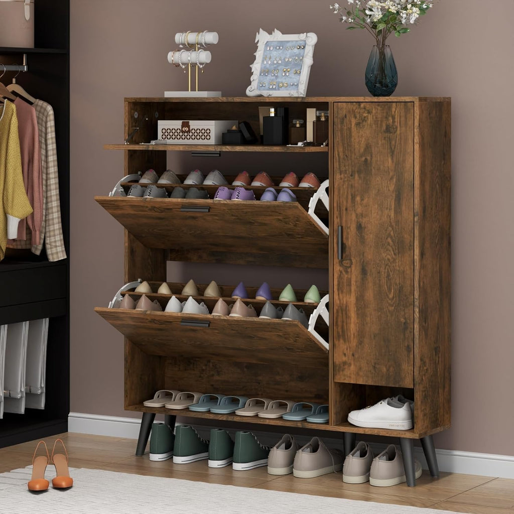 Loomie Shoe Storage With 2 Flip Drawers & Side Cabinet, Narrow Hidden Storage With Doors, Adjustable Shelf, Slim for Entryway (Rustic)