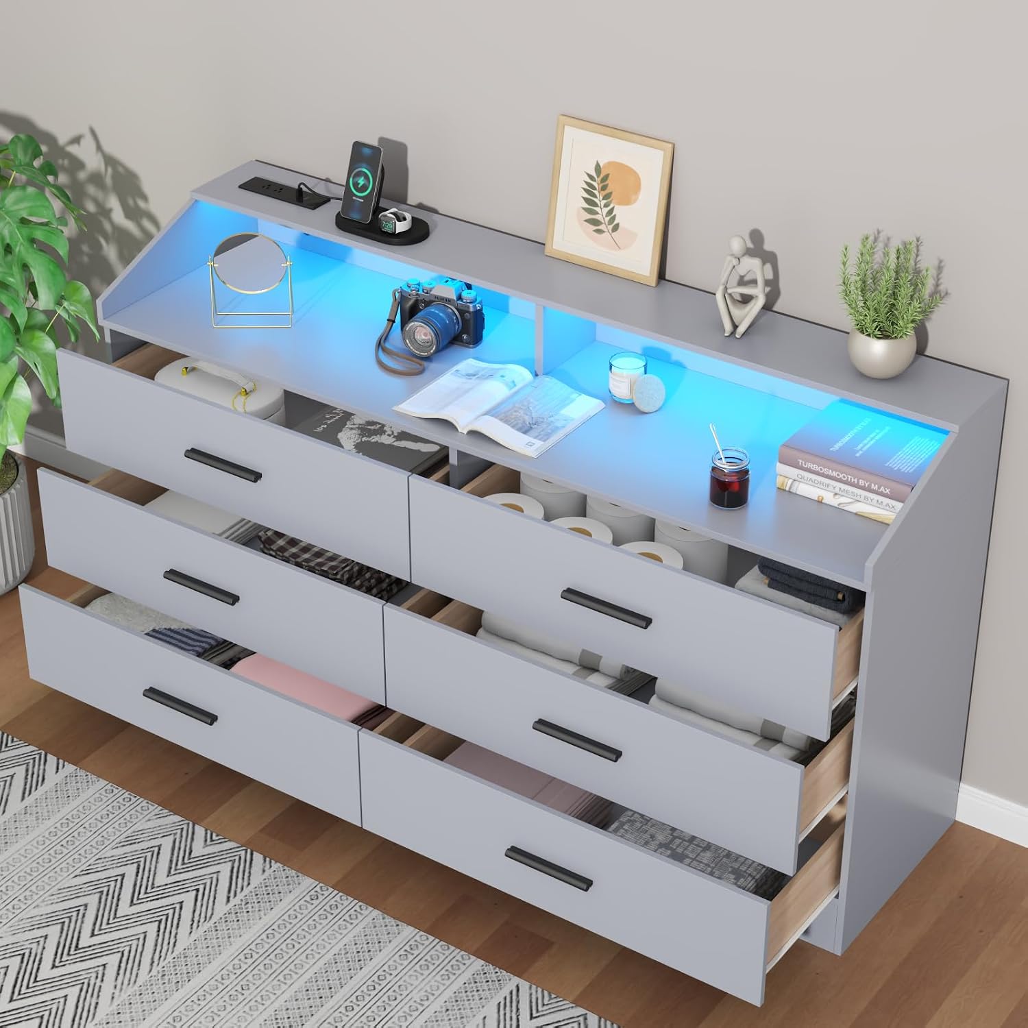 6 Drawer Dresser with Power Outlet, Chest of Drawer with LED Light, Modern Dresser with Open Storage Cubby, Double Wide Dressers Organizer for Bedroom, Living Room, Entryway, Hallway (Grey, 6 Drawers)