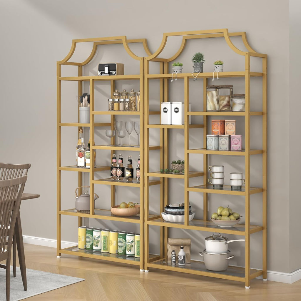 Loomie 8-Open Shelf Bookshelf, 70.87" H x 31.5" L Lux Etagere, Tempered Glass Bookcase, Tall Storage Display Modern Open Book Case for Bedroom, Home Office & Living Room, Gold Finish & Glass Shelving
