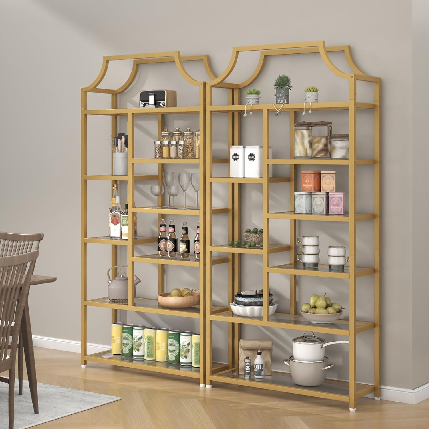 Loomie 8-Open Shelf Bookshelf, 70.87" H x 31.5" L Lux Etagere, Tempered Glass Bookcase, Tall Storage Display Modern Open Book Case for Bedroom, Home Office & Living Room, Gold Finish & Glass Shelving