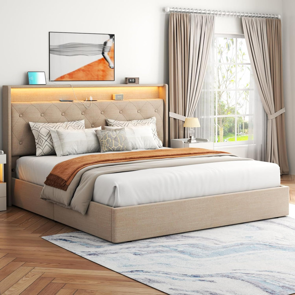 Queen Lift Up Storage Bed Frame w/Charging Station & LED Lights,Beige