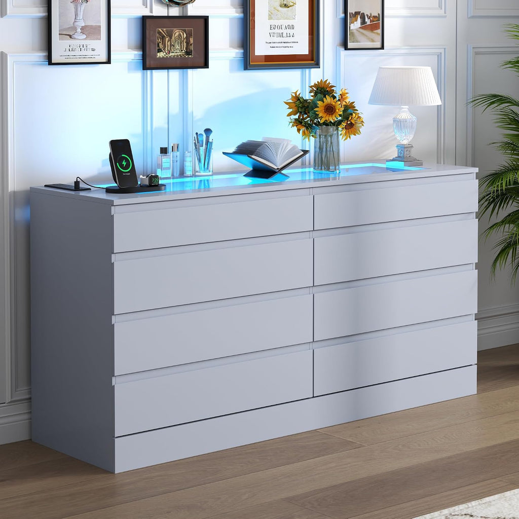 Gyfimioe 8 Drawer Dresser with Power Outlet, White Dresser for Bedroom Chest of Drawer with Glass Top & LED Light, Modern Double Wide Drawer Organizer Cabinet for Living Room (Grey)