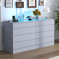 Gyfimioe 8 Drawer Dresser with Power Outlet, White Dresser for Bedroom Chest of Drawer with Glass Top & LED Light, Modern Double Wide Drawer Organizer Cabinet for Living Room (Grey)