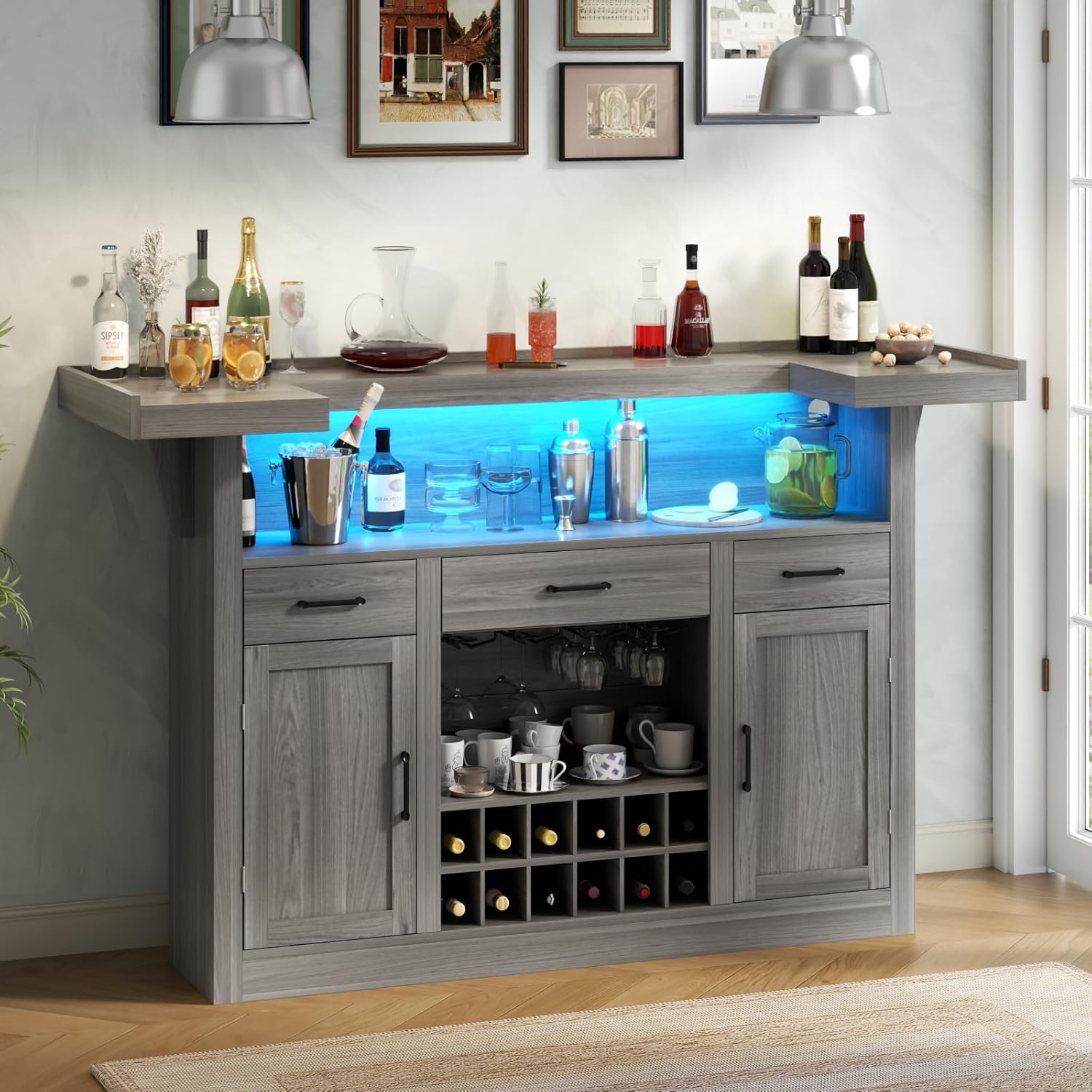 Loomie Bar Table Cabinet with LED & 3 Drawers,Liquor Bar with Adjustable Storage Shelves & Stemware Holders,Crescent Shaped Counter for Home Pub,Wine Alcohol Bar Stand with Wine Rack & Door (Grey Oak)