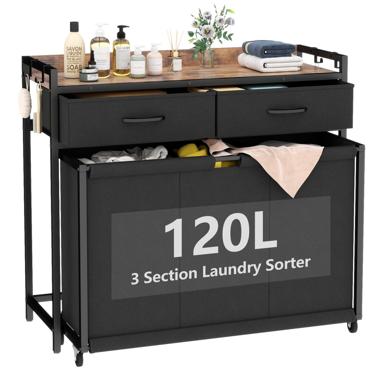 STIKELY L Shaped Laundry Hamper Laundry Basket with 3 Section Pull-Out Rolling Bags & 3-Tier Storage Shelf, Laundry Sorter for Organization and Storage with 2 Drawers for Laundry Room