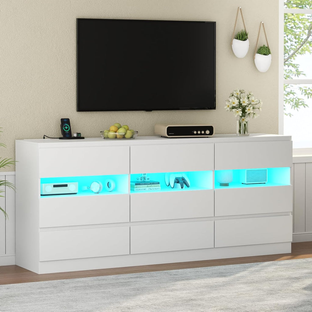 Loomie 9 Drawer Triple Dresser with Charging Station & Led Lights for Bedroom,Long 63" White Dresser TV Stand for TVs up to 75",Wide Large Drawer Dressers Organizer with 3 Open Cubbies for Hallway